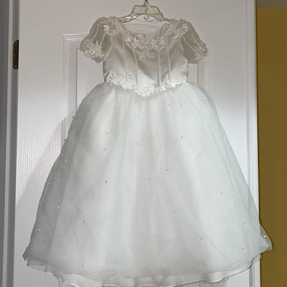 Flower girl dress, tutu, and gloves